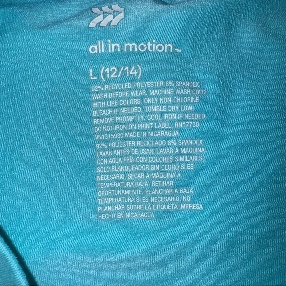 All In Motion Girls/Boys Size 12/14 Teal Long Sleeved UPF Shirt Moisture Wicking